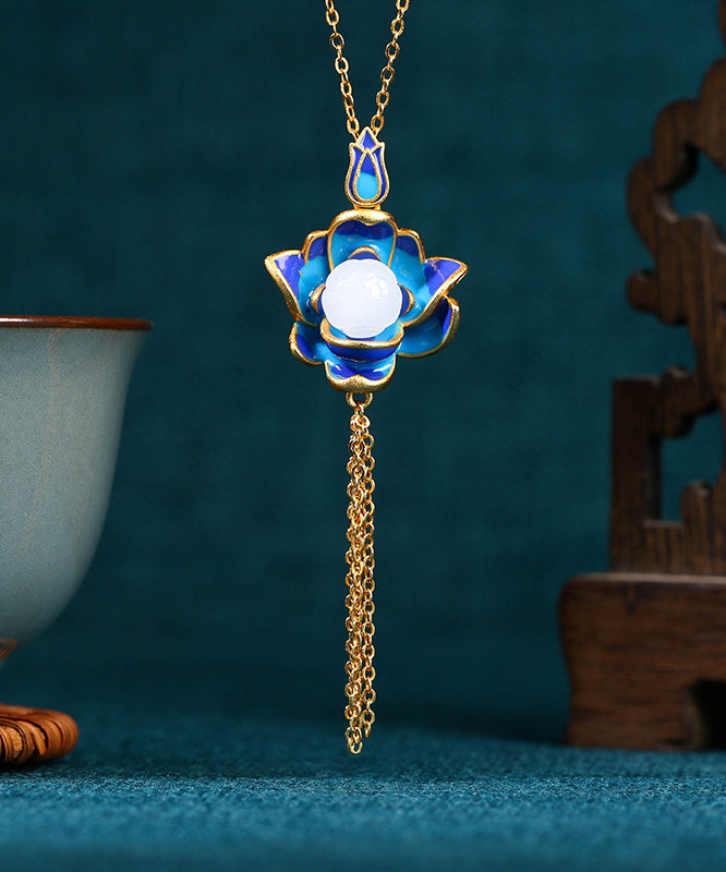 Retro Blau Antike Gold Jade Lotus Blume Quaste Anhänger Halskette