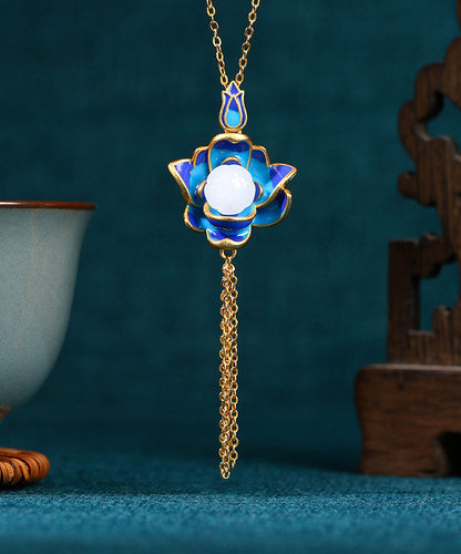 Retro Blau Antike Gold Jade Lotus Blume Quaste Anhänger Halskette
