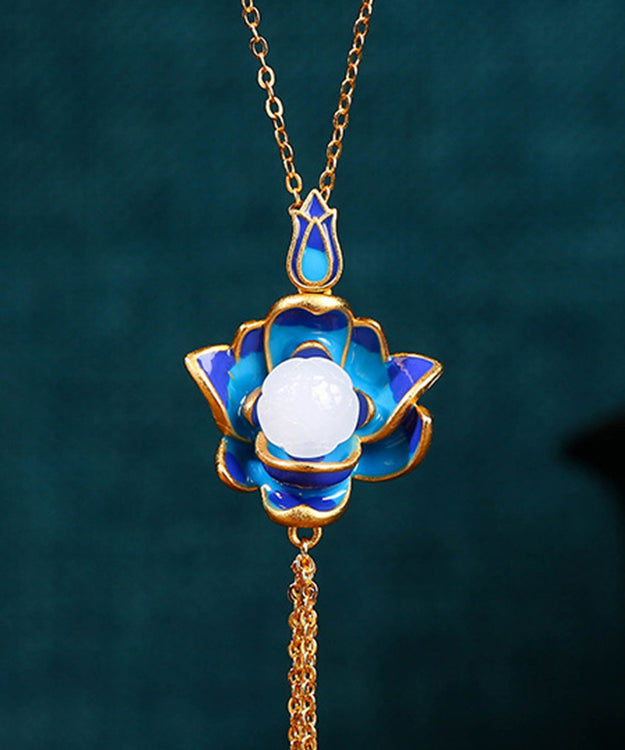 Retro Blau Antike Gold Jade Lotus Blume Quaste Anhänger Halskette