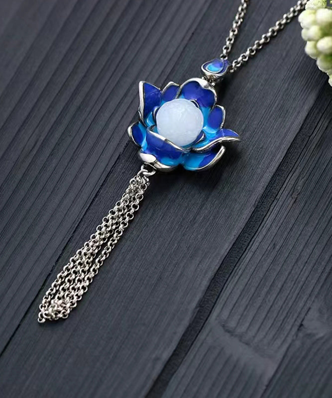 Retro Blau Antike Gold Jade Lotus Blume Quaste Anhänger Halskette