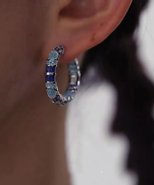 Retro Blue Copper Overgild Cloisonne Dripping Glaze Hoop Earrings