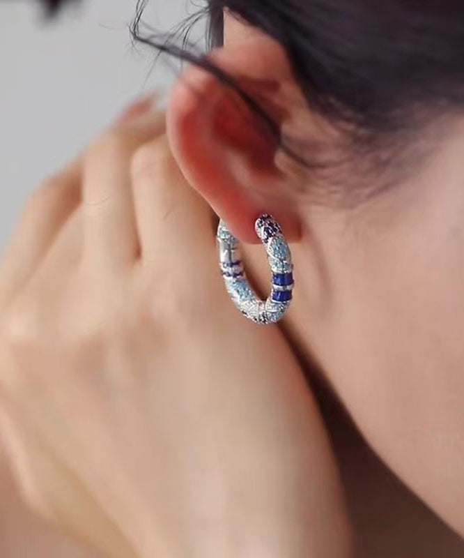 Retro Blue Copper Overgild Cloisonne Dripping Glaze Hoop Earrings