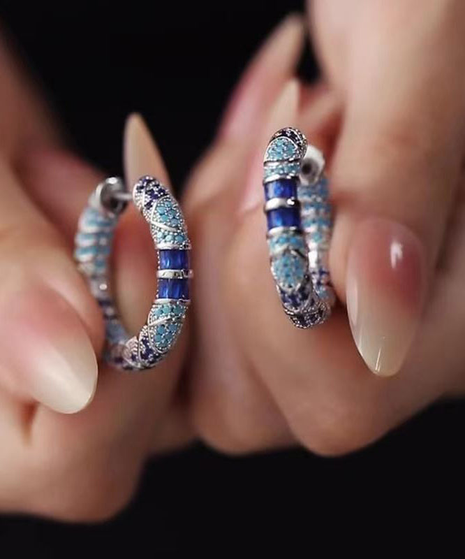 Retro Blue Copper Overgild Cloisonne Dripping Glaze Hoop Earrings