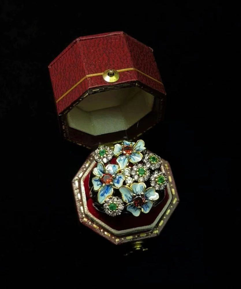 Retro Blue Floral Zircon Exaggeration Alloy Rings