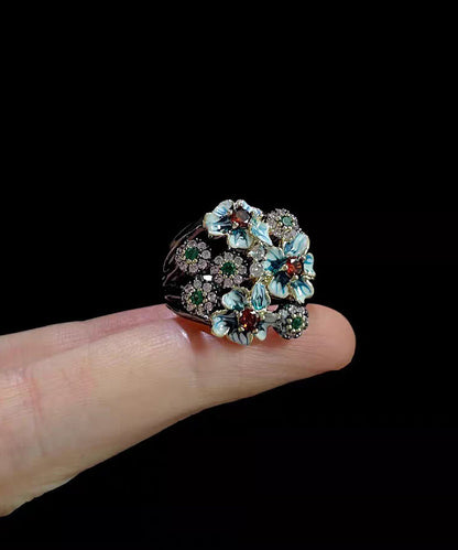 Retro Blue Floral Zircon Exaggeration Alloy Rings