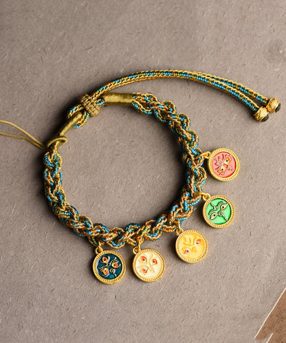 Pulsera retro azul tejida a mano con borlas del Dios de los Cinco Caminos de la Riqueza