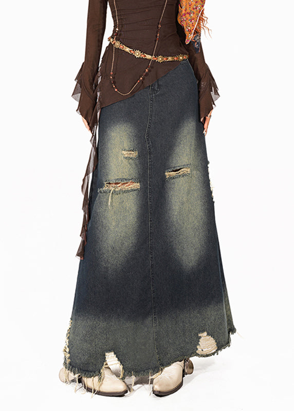 Retro Blue High Waist Hole Denim Maxi Skirt Summer