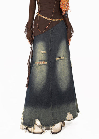 Retro Blue High Waist Hole Denim Maxi Skirt Summer