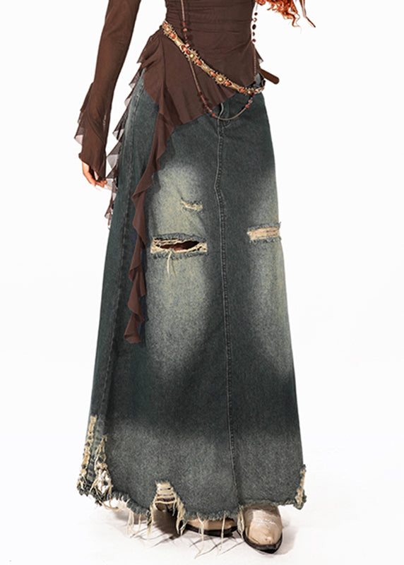 Retro Blue High Waist Hole Denim Maxi Skirt Summer