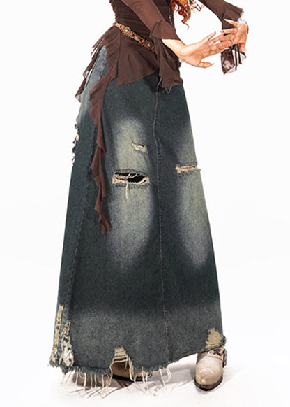 Retro Blue High Waist Hole Denim Maxi Skirt Summer