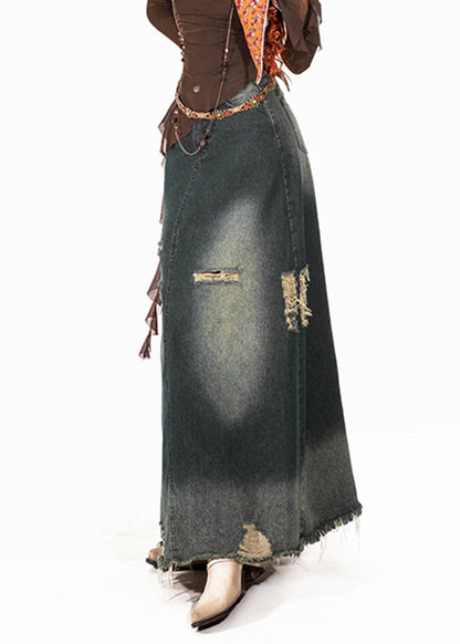 Retro Blue High Waist Hole Denim Maxi Skirt Summer