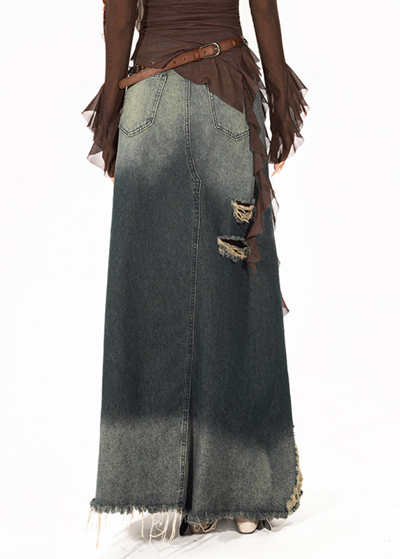 Retro Blue High Waist Hole Denim Maxi Skirt Summer