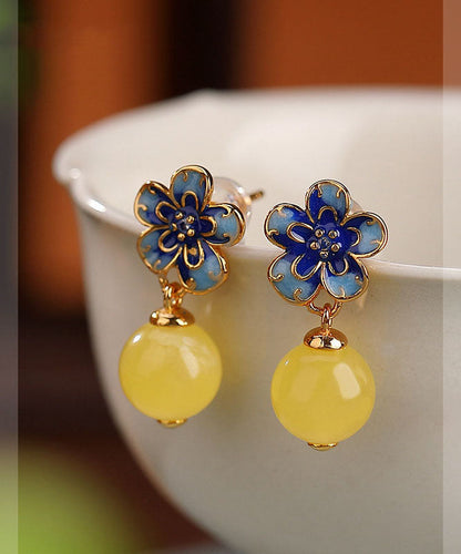 Retro Blau Sterling Silber Overgild Bienenwachs Floral Tropfen Ohrringe