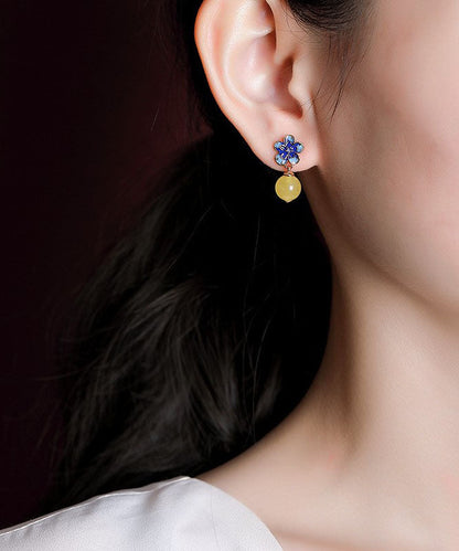 Retro Blau Sterling Silber Overgild Bienenwachs Floral Tropfen Ohrringe