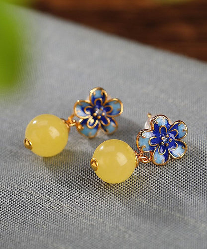 Retro Blau Sterling Silber Overgild Bienenwachs Floral Tropfen Ohrringe