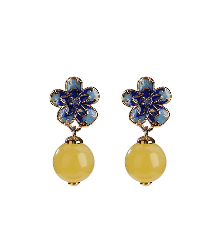 Retro Blau Sterling Silber Overgild Bienenwachs Floral Tropfen Ohrringe