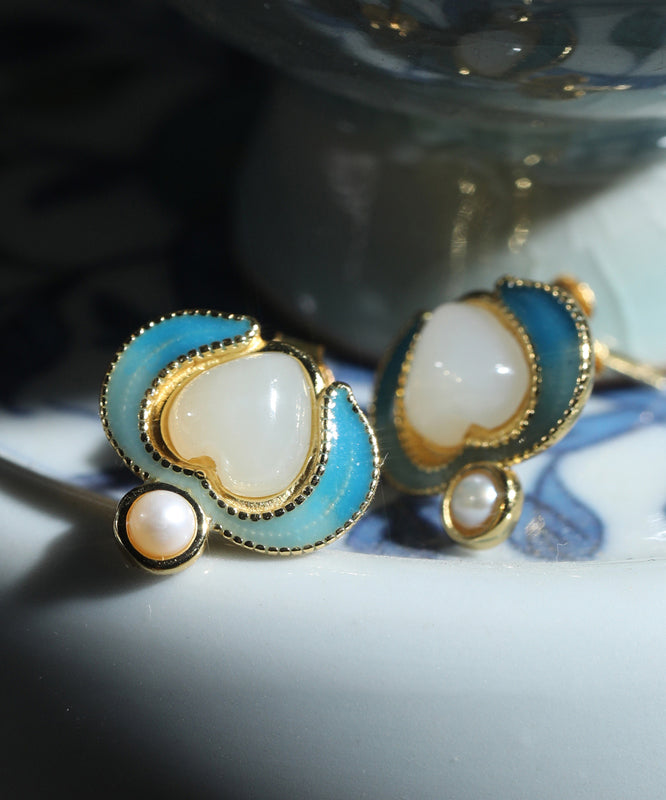 Retro Blue Sterling Silver Overgild Jade Pearl Stud Earrings