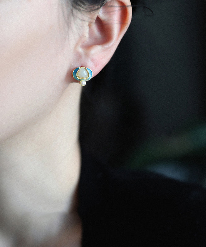 Retro Blue Sterling Silver Overgild Jade Pearl Stud Earrings