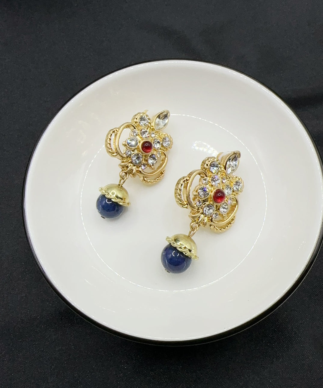 Pendientes colgantes de cristal de circonita dorada de plata de ley azul retro