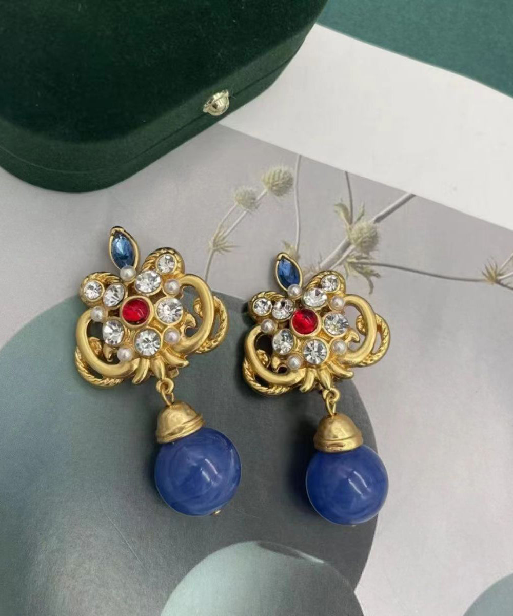 Pendientes colgantes de cristal de circonita dorada de plata de ley azul retro