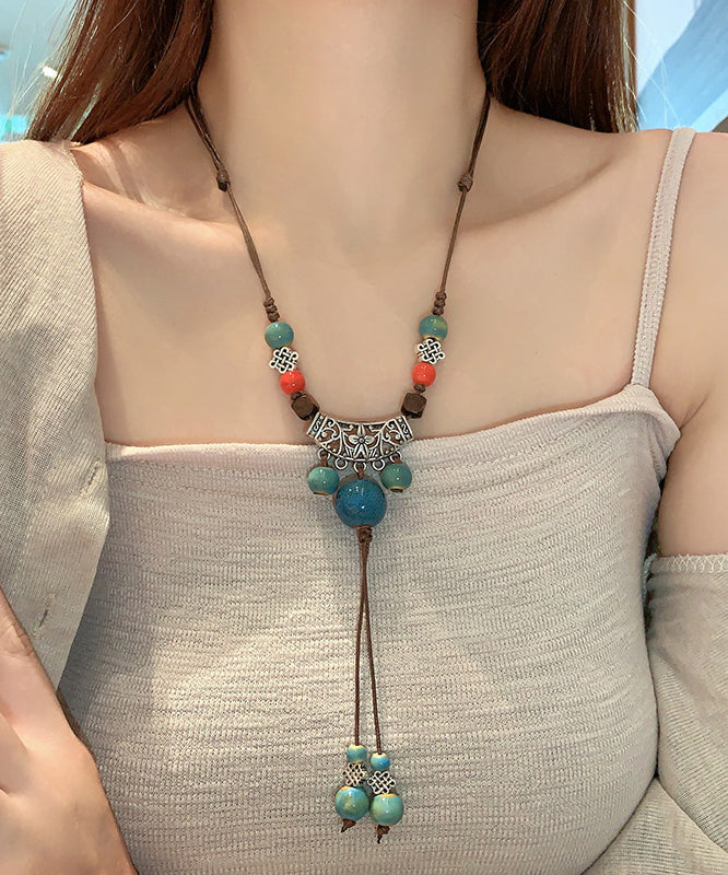 Retro Braune Halskette mit Quastenanhänger aus Hanfseil und Keramik