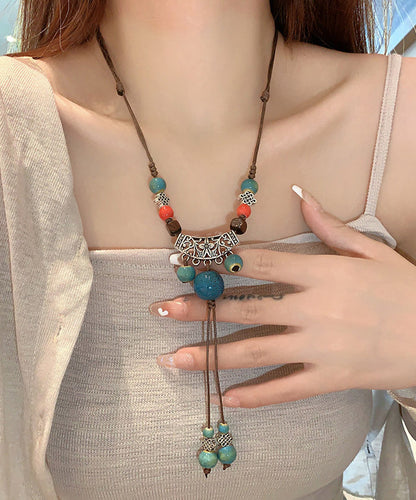 Retro Braune Halskette mit Quastenanhänger aus Hanfseil und Keramik