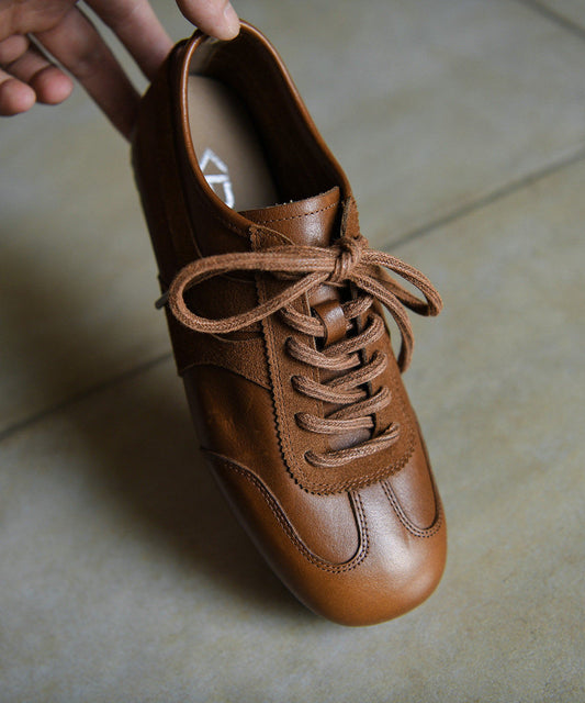 Retro Brown Cowhide Leather Splicing Flat Feet Shoes Lace Up