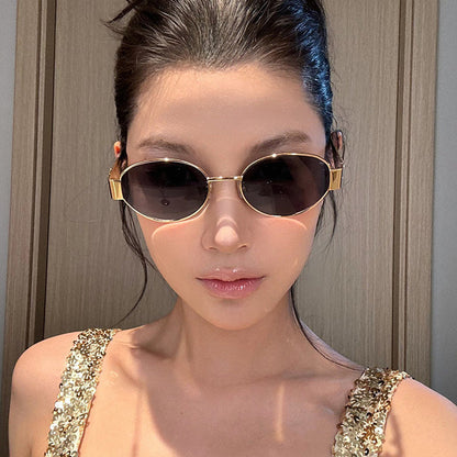 Retro Brown Metal Oval Concave Shaped Sunglasses
