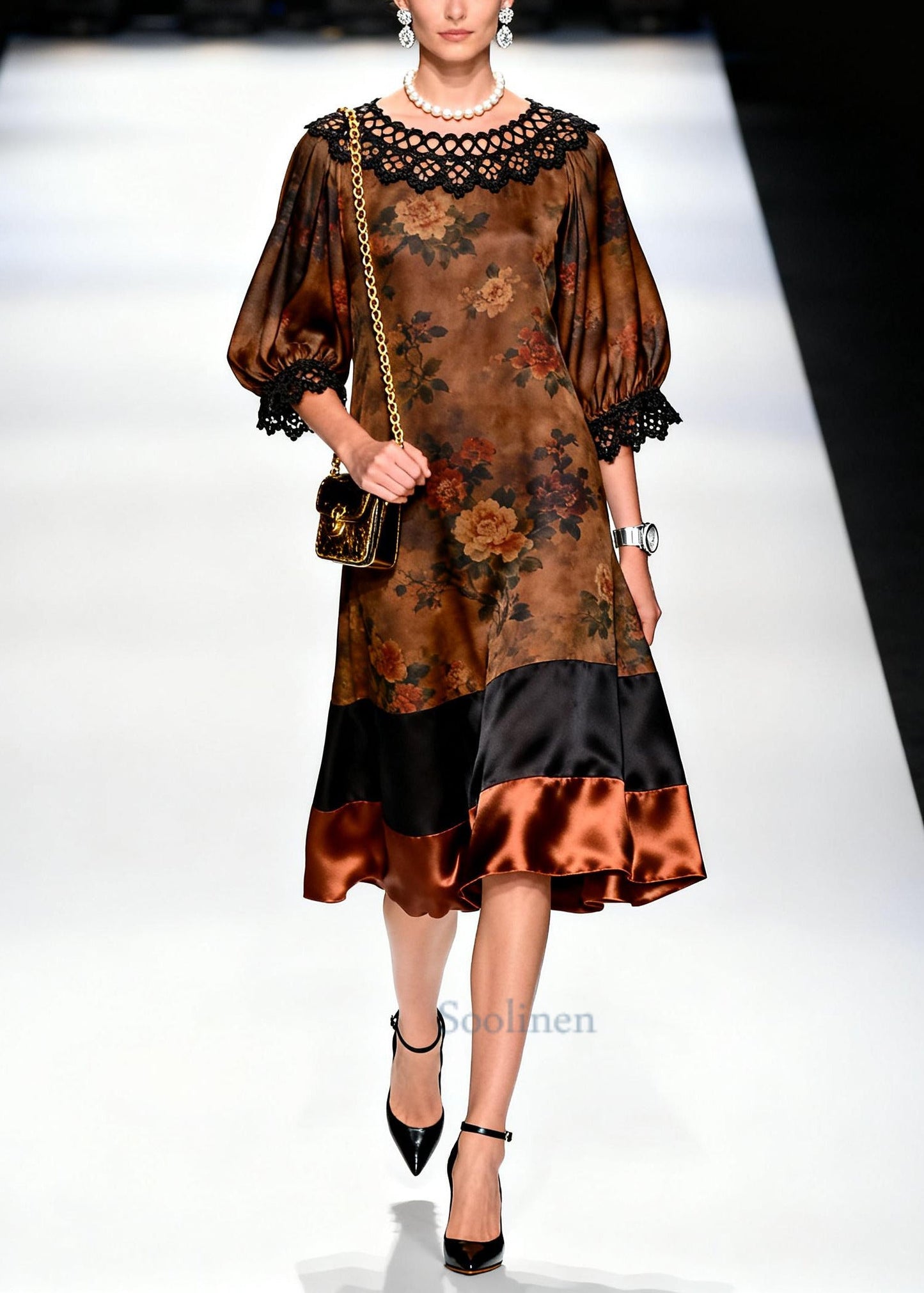 Retro Brown O-Neck Lace Patchwork Print Silk Dresses Summer