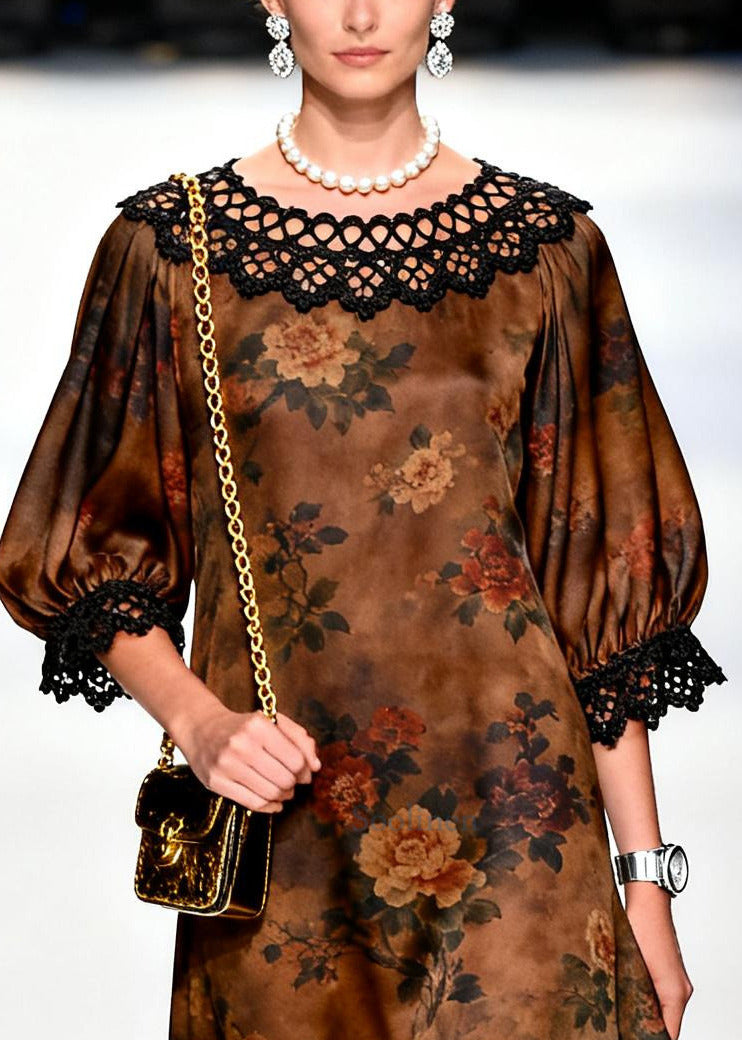 Retro Brown O-Neck Lace Patchwork Print Silk Dresses Summer