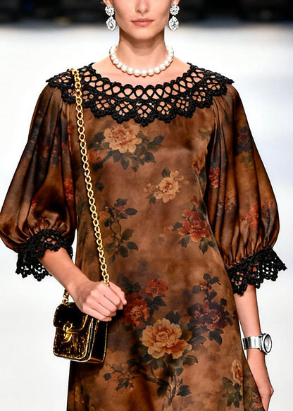 Retro Brown O-Neck Lace Patchwork Print Silk Dresses Summer