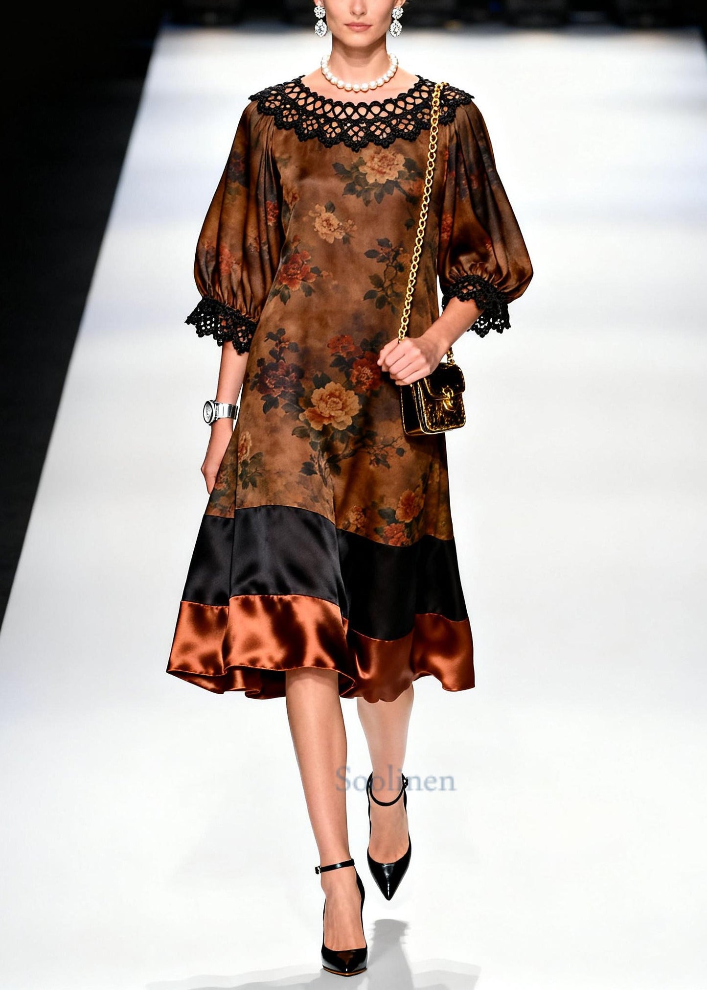 Retro Brown O-Neck Lace Patchwork Print Silk Dresses Summer