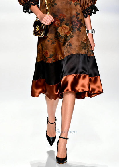Retro Brown O-Neck Lace Patchwork Print Silk Dresses Summer