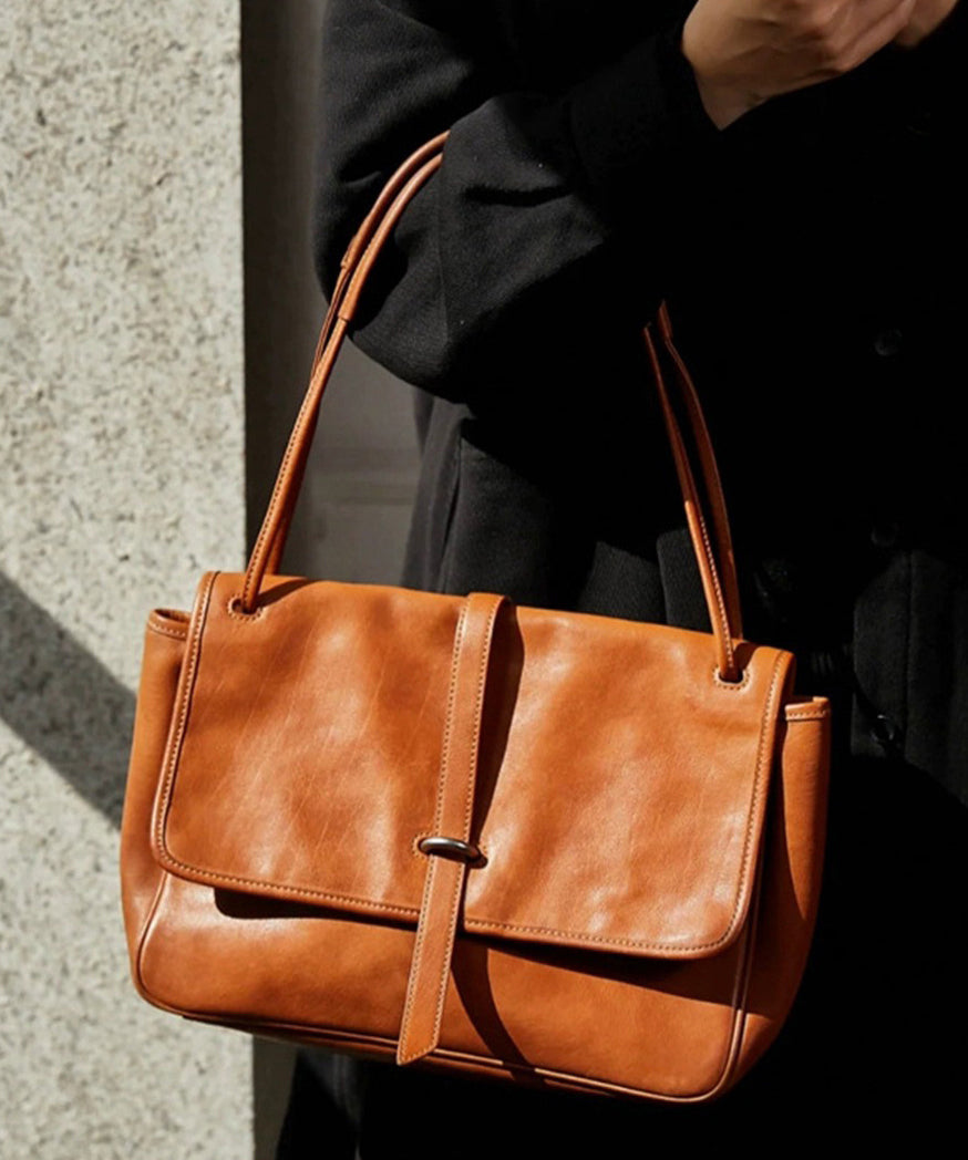 Retro Brown Solid Durable Leather Zipper Shoulder Bag