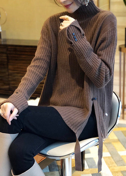 Retro Braun Rollkragen Seite Offen Dicken Woll Gestrickten Pullover