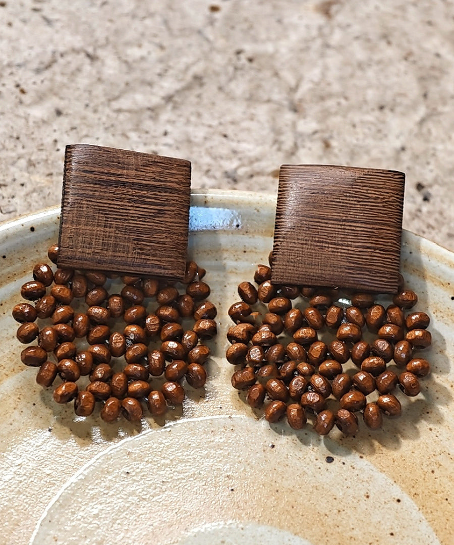 Retro Chocolate Wood Weaving Stud Earrings