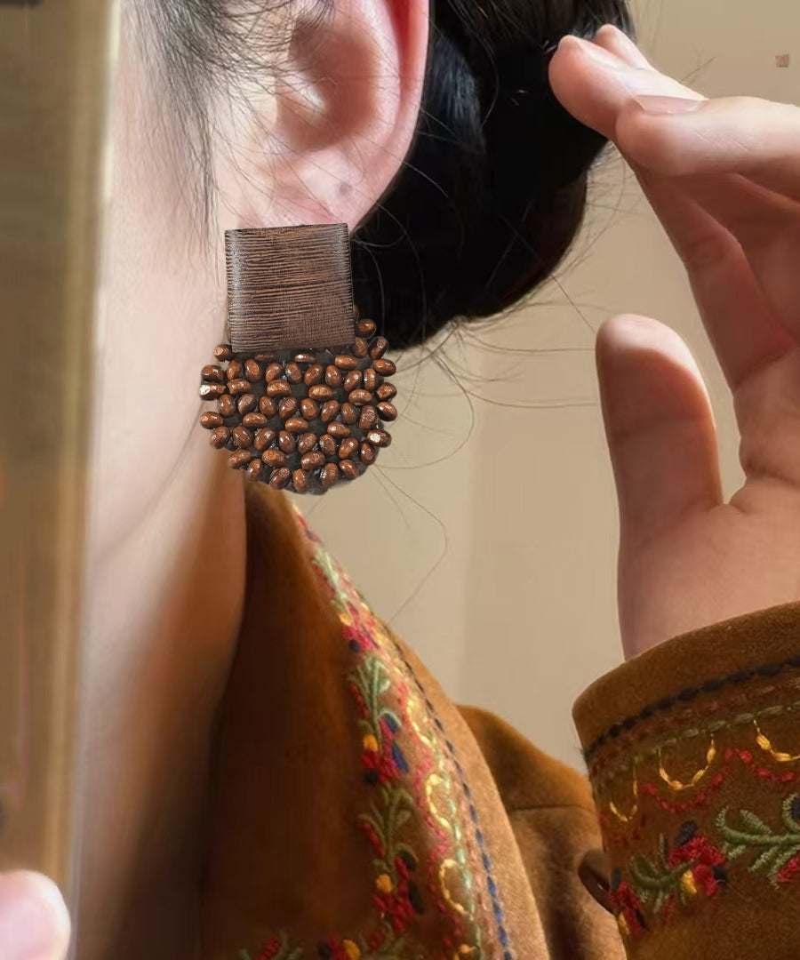 Retro Chocolate Wood Weaving Stud Earrings