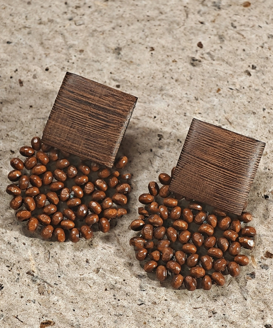 Retro Chocolate Wood Weaving Stud Earrings