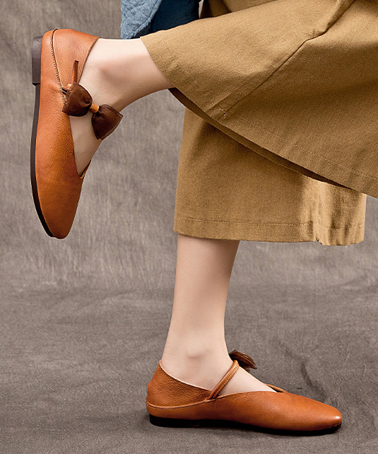 Retro Coffee Cowhide Leather Comfy Flat Feet Shoes