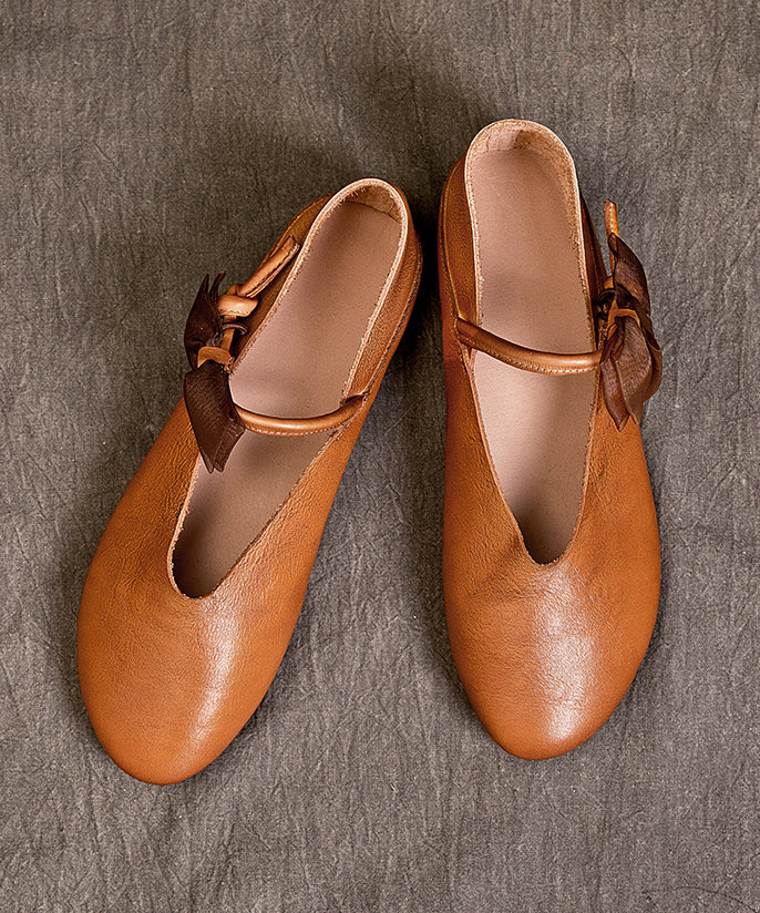 Retro Coffee Cowhide Leather Comfy Flat Feet Shoes