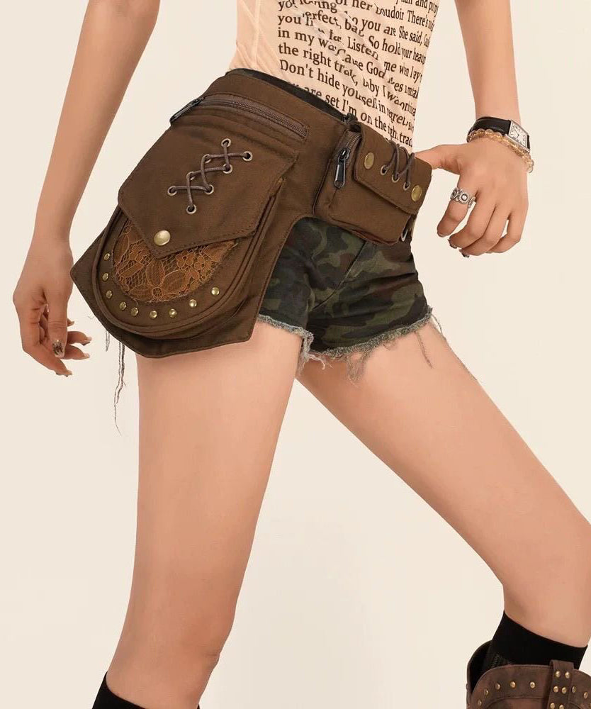 Retro Coffee Versatile Waist Side Pack Bag Rivet Wide Waist Seal