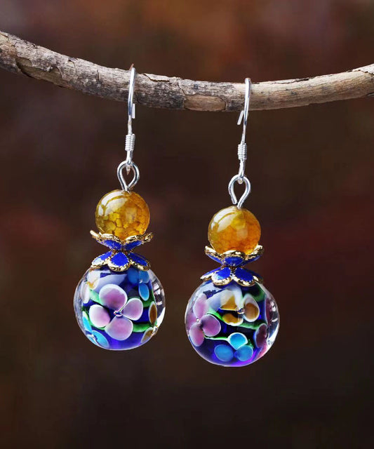 Pendientes colgantes de cloisonné con esmalte de ágata y bloques de color retro en plata de ley