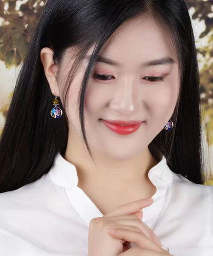 Pendientes colgantes de cloisonné con esmalte de ágata y bloques de color retro en plata de ley