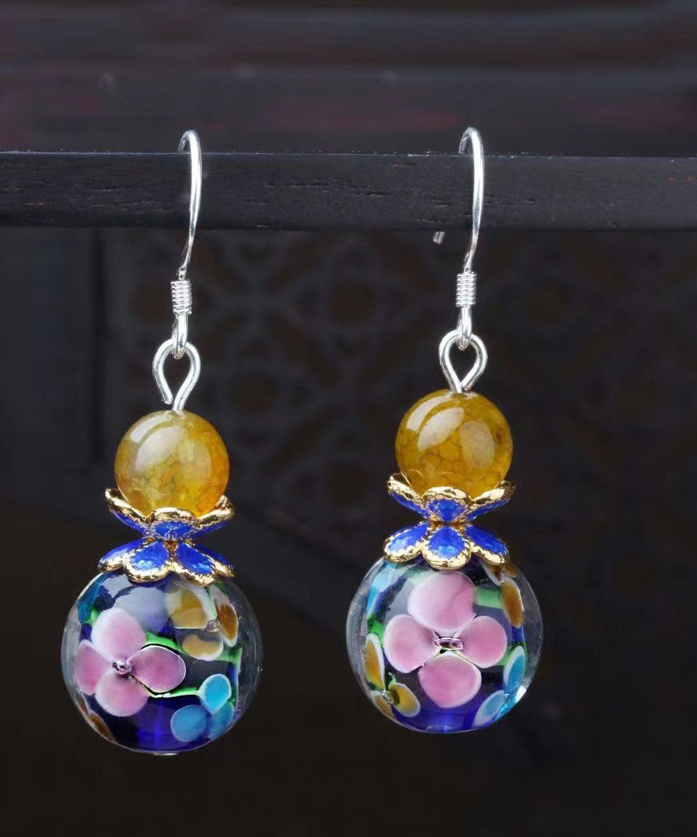 Pendientes colgantes de cloisonné con esmalte de ágata y bloques de color retro en plata de ley