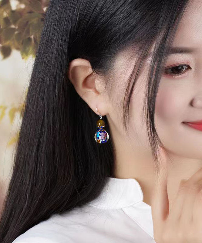 Pendientes colgantes de cloisonné con esmalte de ágata y bloques de color retro en plata de ley
