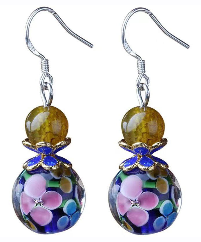 Pendientes colgantes de cloisonné con esmalte de ágata y bloques de color retro en plata de ley