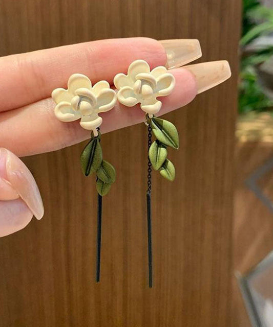 Pendientes colgantes de gardenia de aleación de plata de ley con bloques de color retro