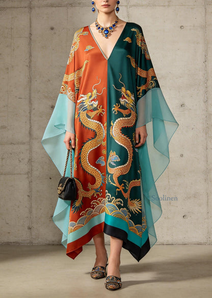 Retro Colorblock V Neck Print Chiffon Maxi Dresses Summer