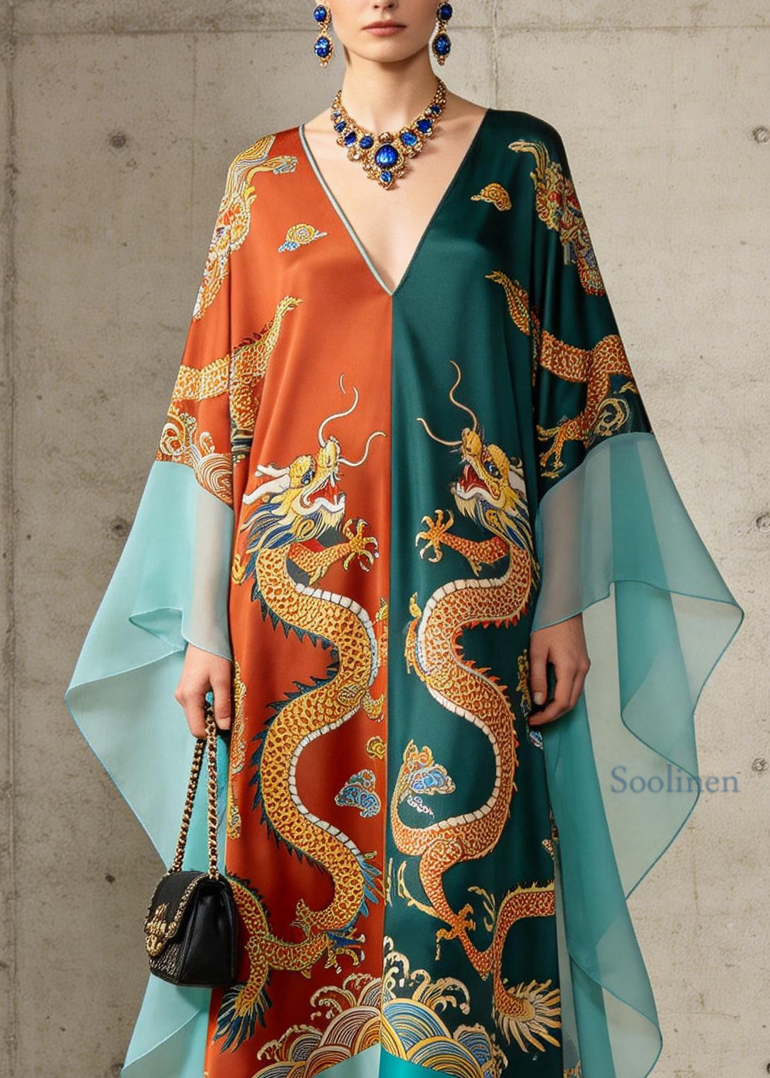 Retro Colorblock V Neck Print Chiffon Maxi Dresses Summer