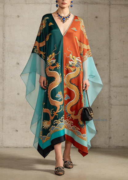 Retro Colorblock V Neck Print Chiffon Maxi Dresses Summer